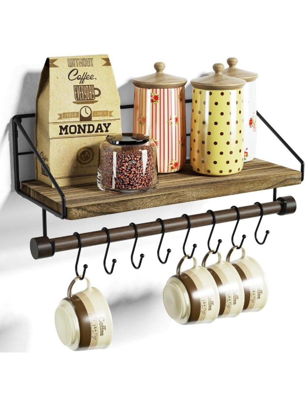 Rustic Floating Wall Shelf with Wooden Towel Bar & 8 Hooks - Space-Saving